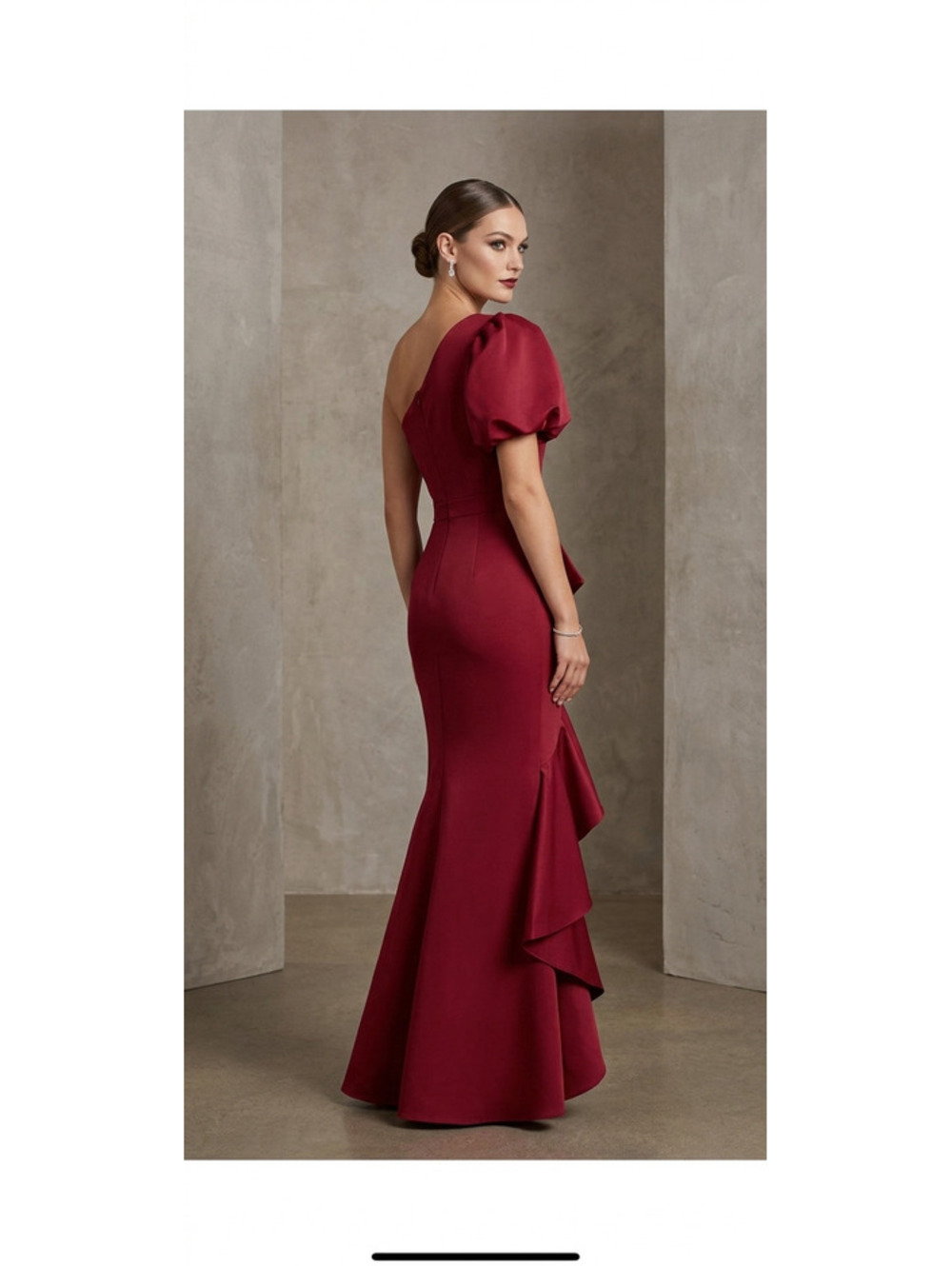 Elegant Burgundy One-Shoulder Evening Gown with Ruffle Detail - Picture 2 of 4